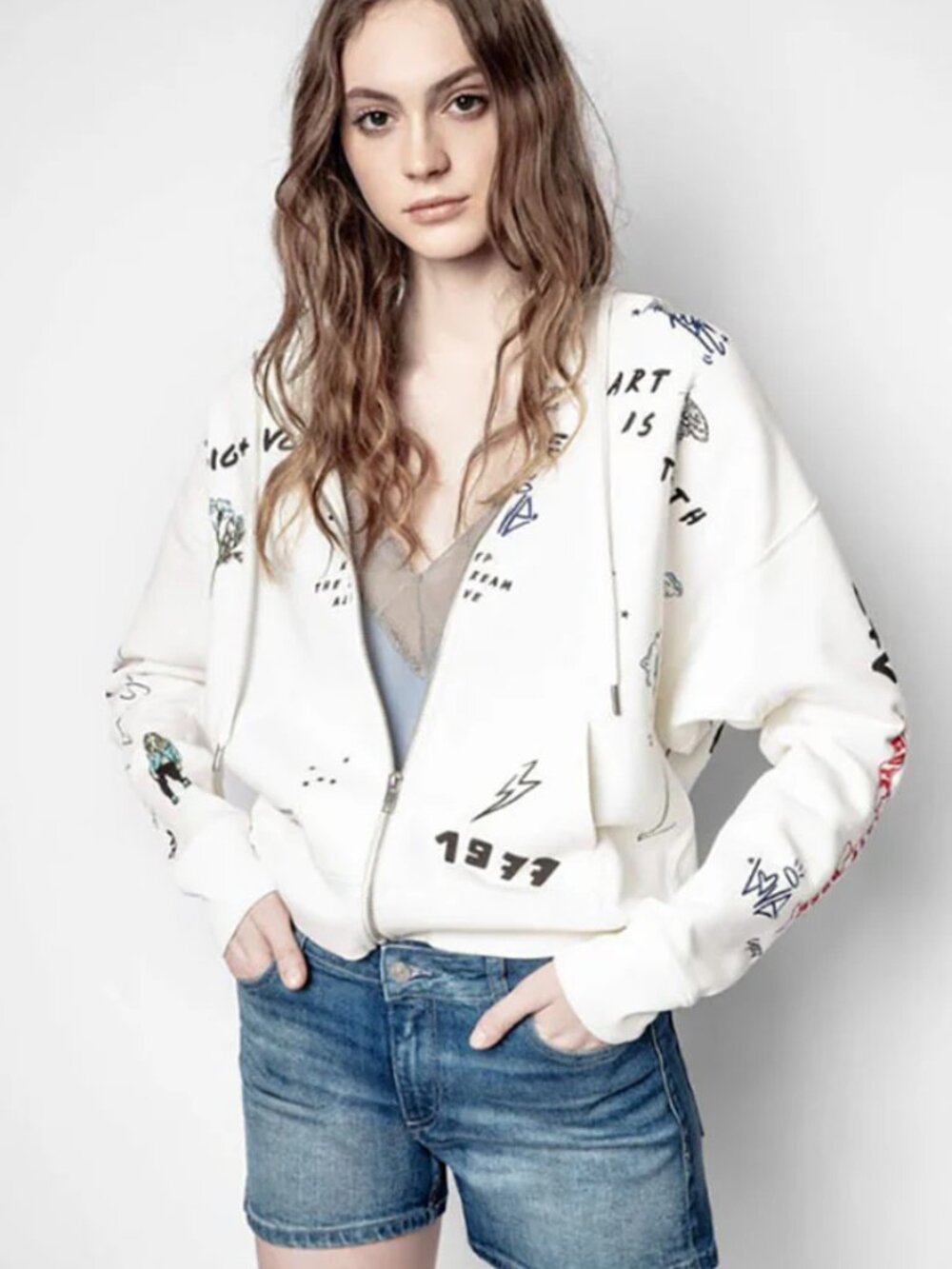 Zadig & Voltaire Spencer Tattoo Graphic Zip Up Hoodie - Milk/Lait - Size M